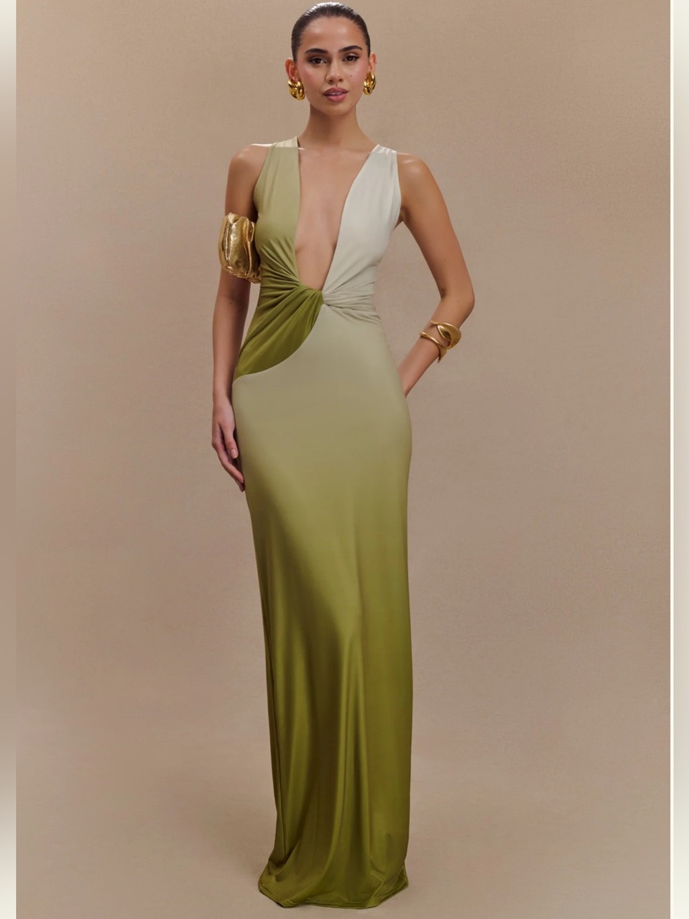 Meshki Stella Olive Green Twist-Front Plunge Maxi Dress